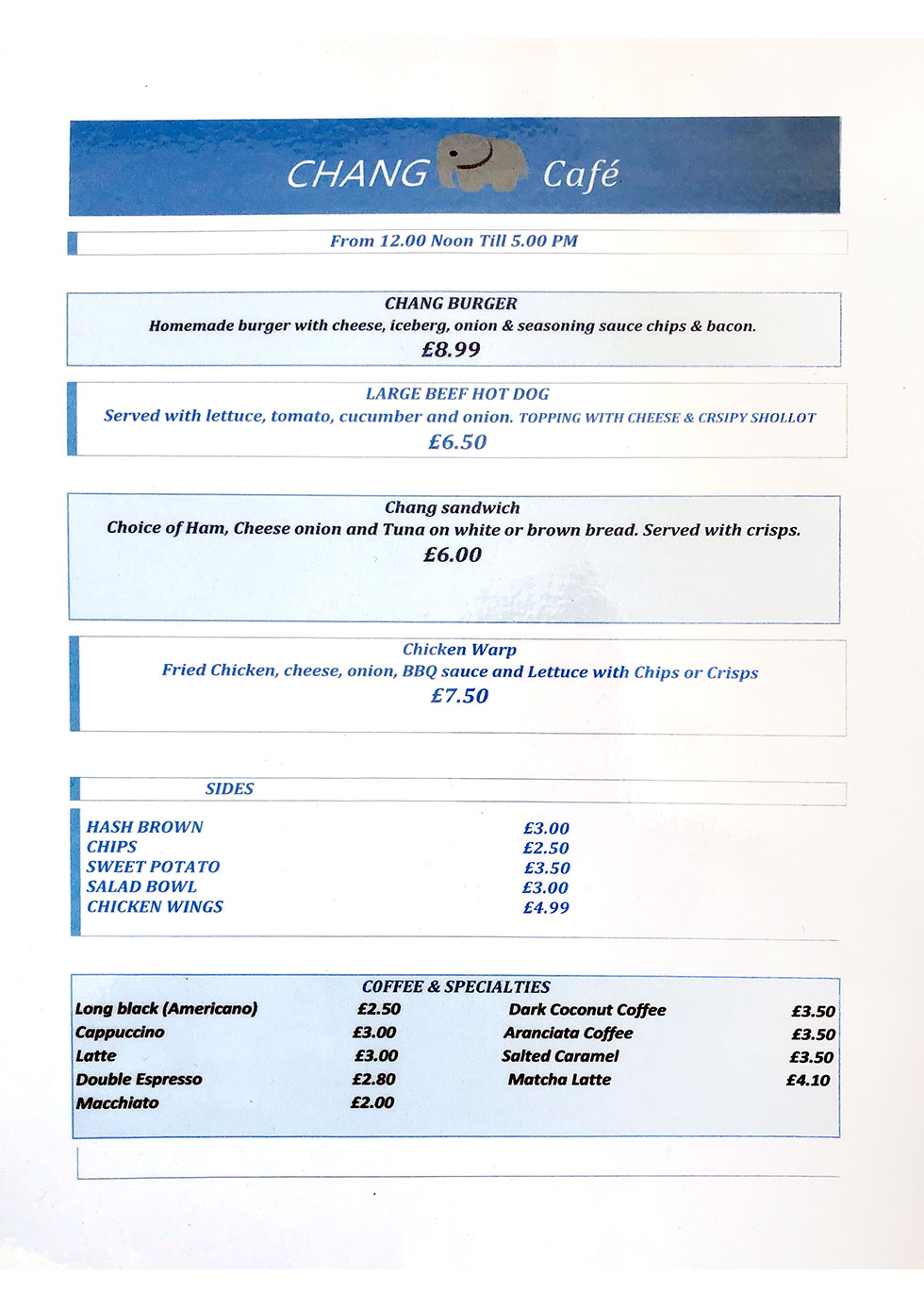 Chang Cafe Menu